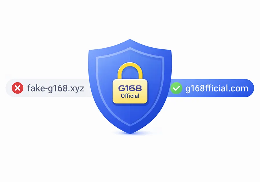 Hình ảnh biểu tượng bảo mật G168 Official với cảnh báo website giả mạo và hướng dẫn nhận biết trang chính thức